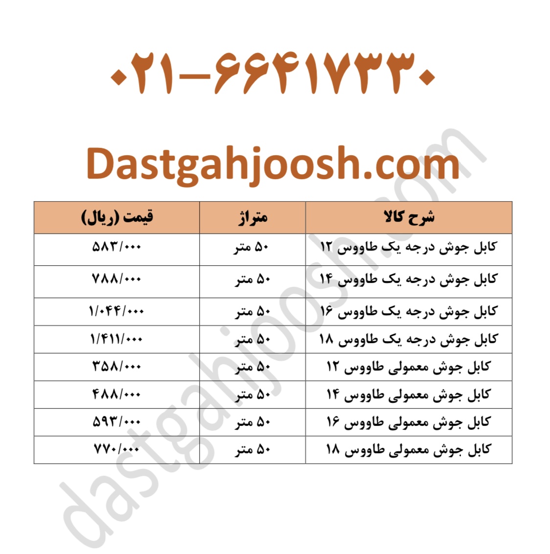 لیست قیمت کابل جوش طاووس
