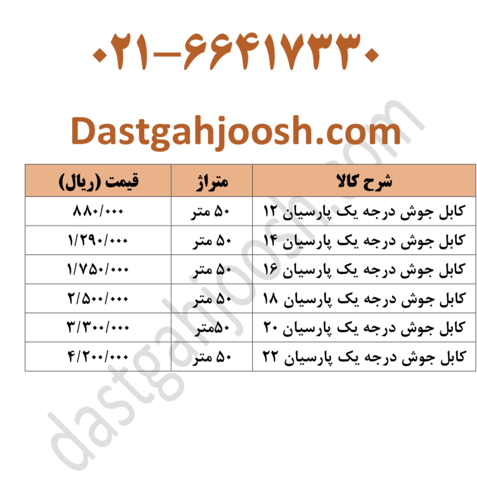 لیست قیمت کابل جوش پارسیان